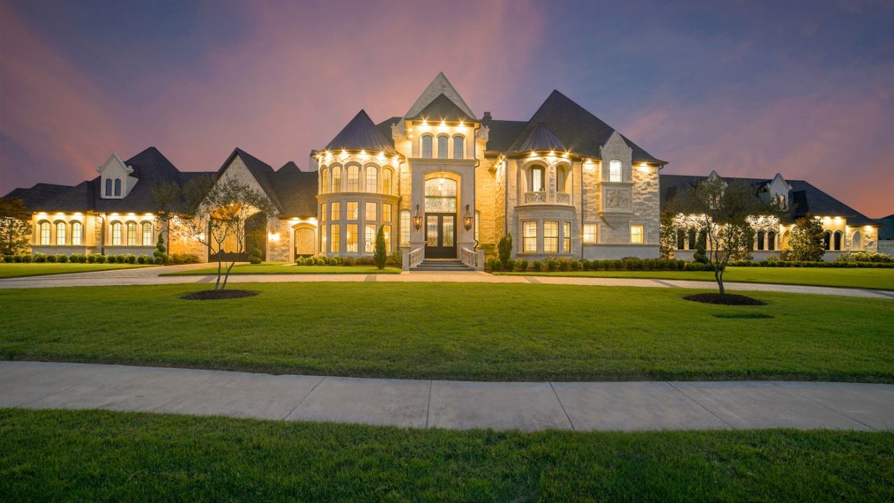 Family house with a garden at dusk